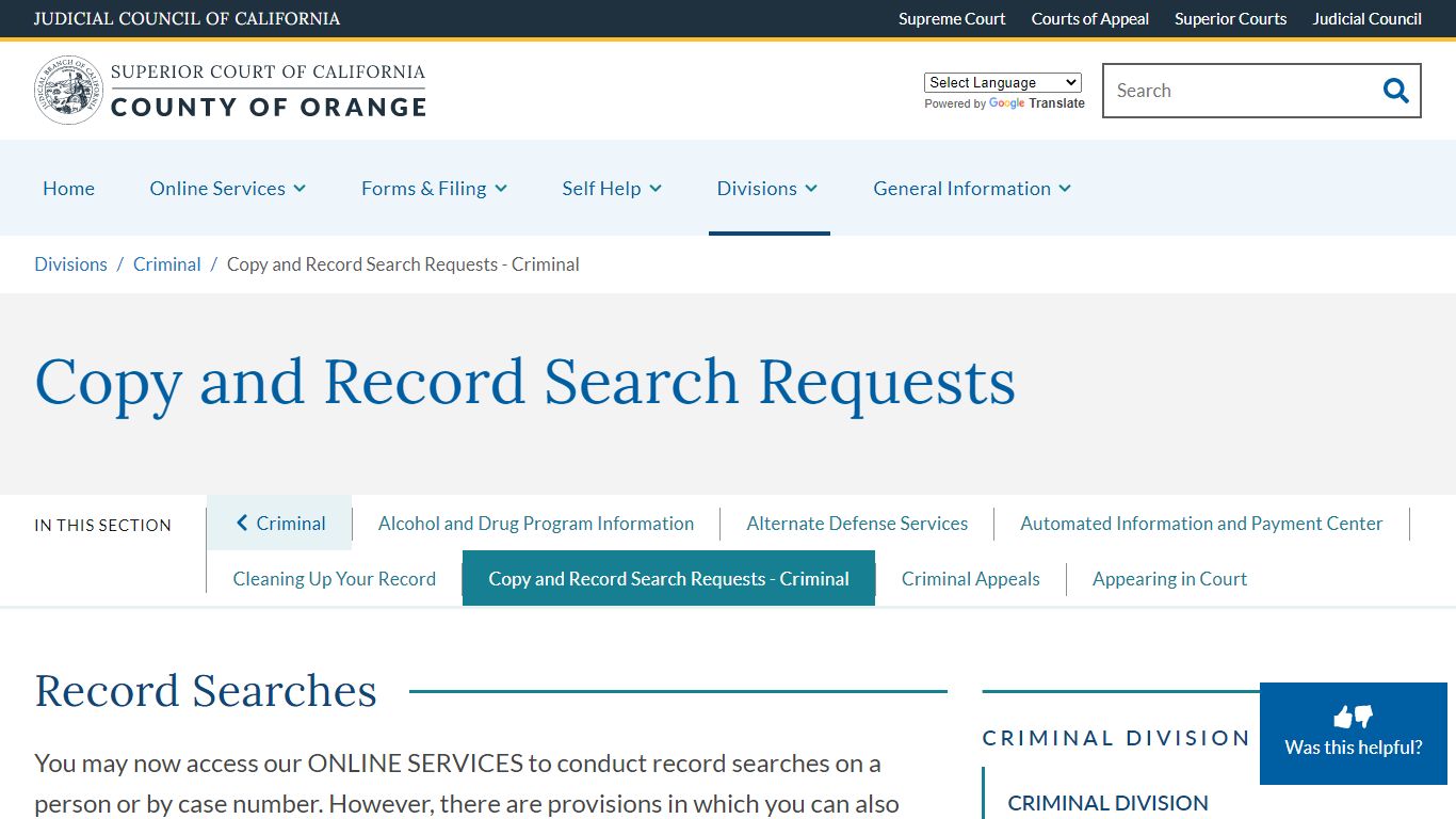 Copy and Record Search Requests - Criminal | Superior Court of ...